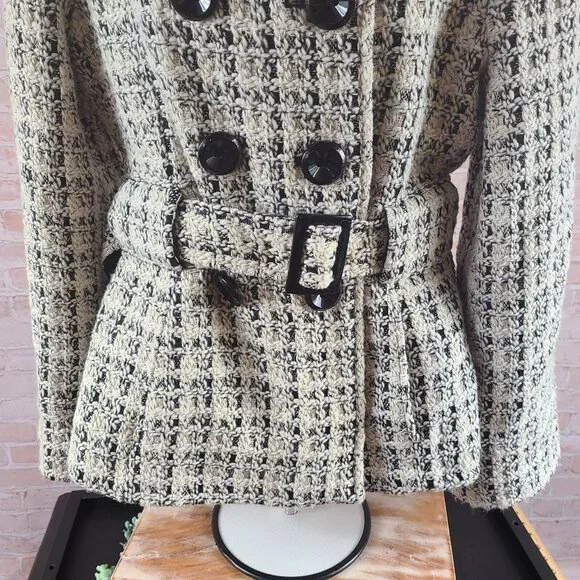 Via Spiga Wool Blend Mid Length Lined Belt Black/Cream Coat Jacket Women's Large - Picture 4 of 16